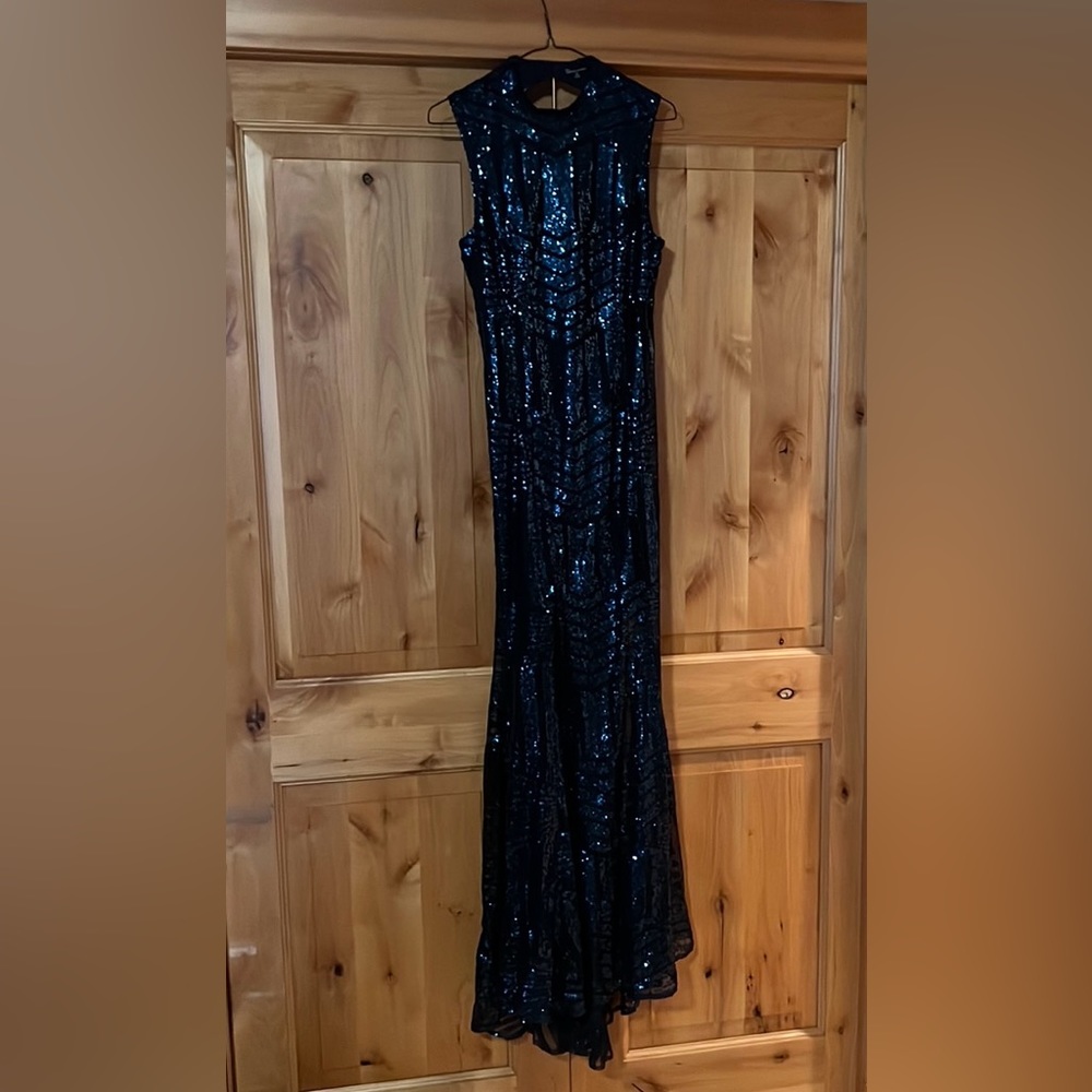 Blue Sequenced floor length fitted gown with open back